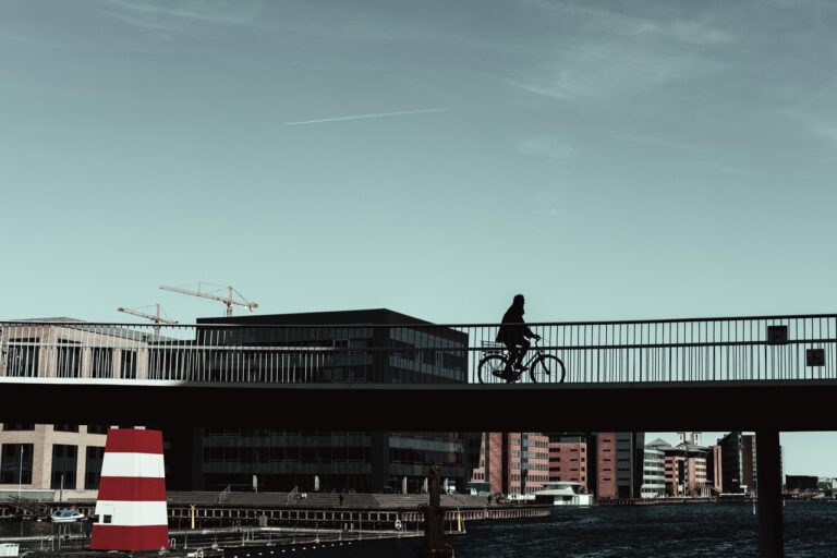 A person cycling along Cykelslangen in Copenhagen, Denmark