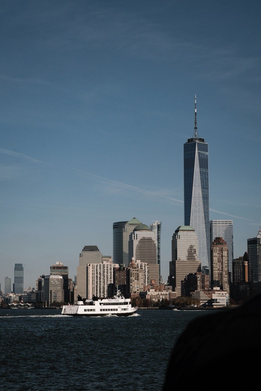 The skyline of Lower Manhattan seen from a boat