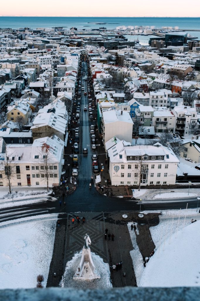 A view from Hallgrimskirkja in Reykjavik in the winter