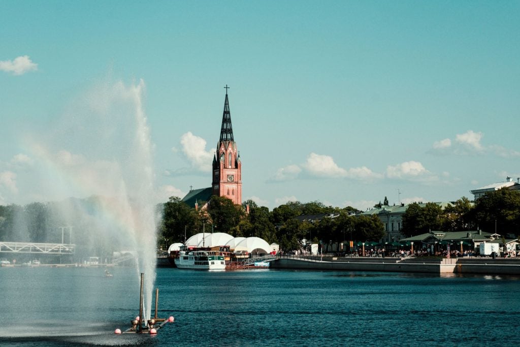 A river and church in Pori, Finland