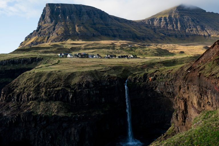 A view of Gásadalur, Faroe Islands, from the main viewpoint