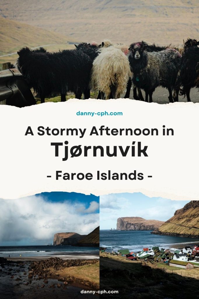 A Pinterest post for a stormy afternoon in Tjørnuvík, Faroe Islands