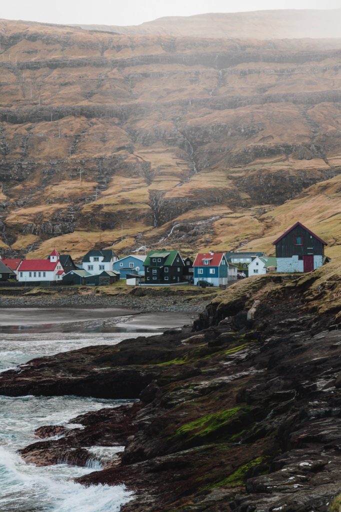 A view of the village of Tjørnuvík, Faroe Islands, from the waterfront