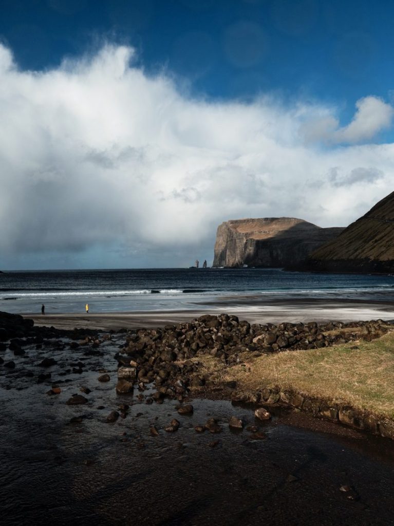 A view of the sea stacks from the beach in Tjørnuvík, Faroe Islands